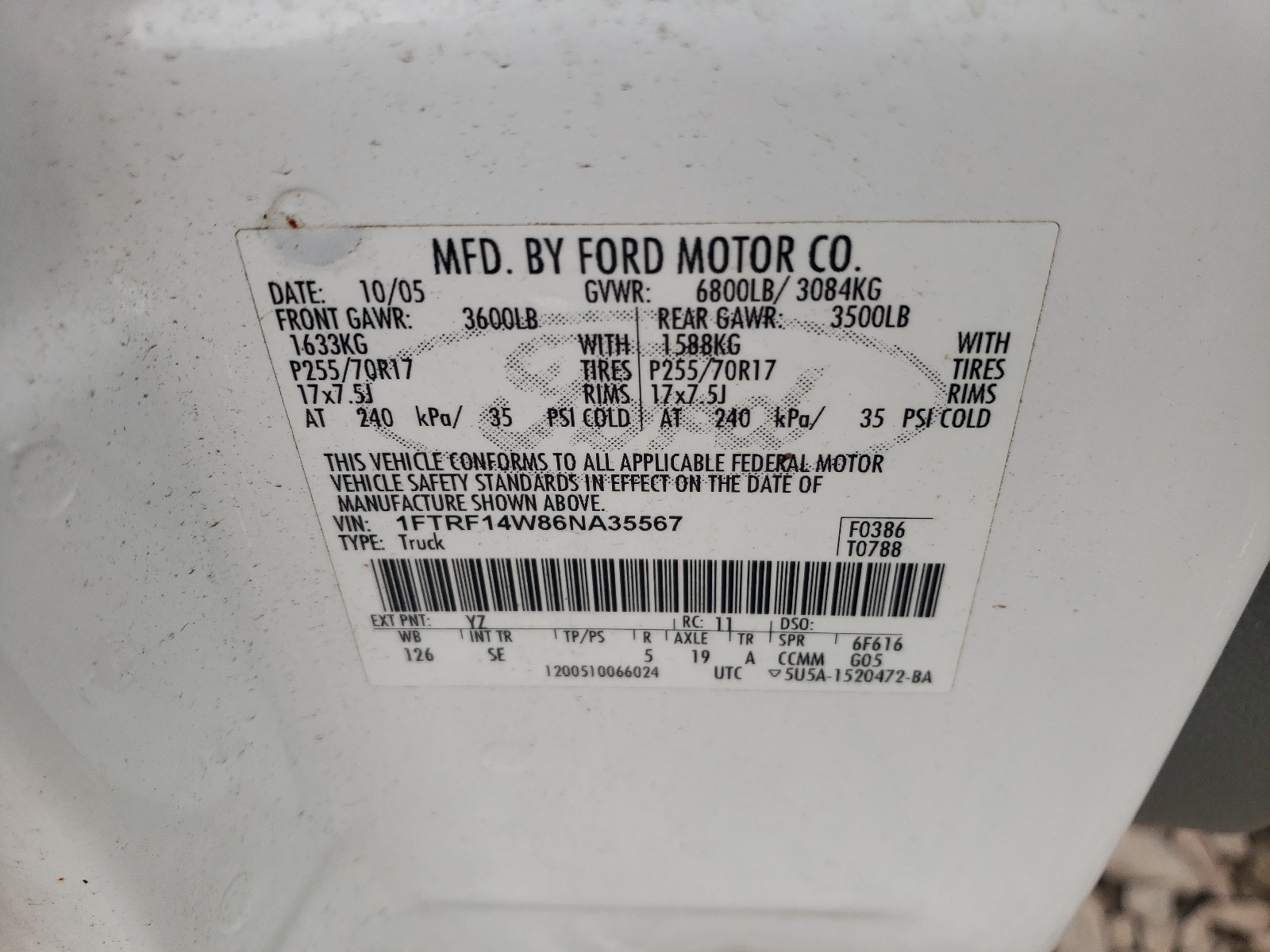 1FTRF14W86NA35567 2006 Ford F150