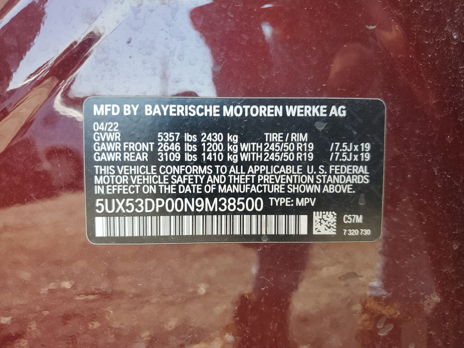 5UX53DP00N9M38500 2022 BMW X3 xDrive30I