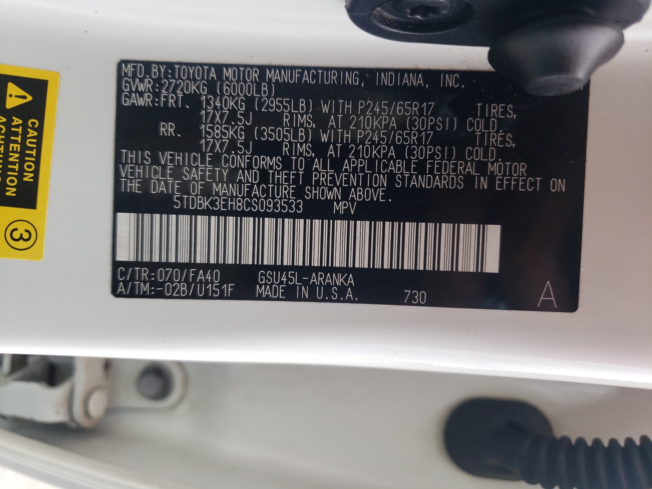 5TDBK3EH8CS093533 2012 Toyota Highlander Base