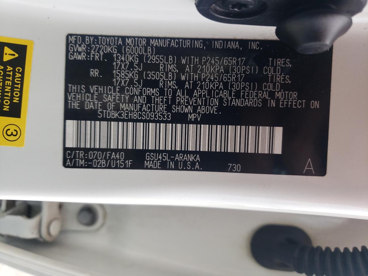 2012 Toyota Highlander Base VIN: 5TDBK3EH8CS093533 Lot: 65195634