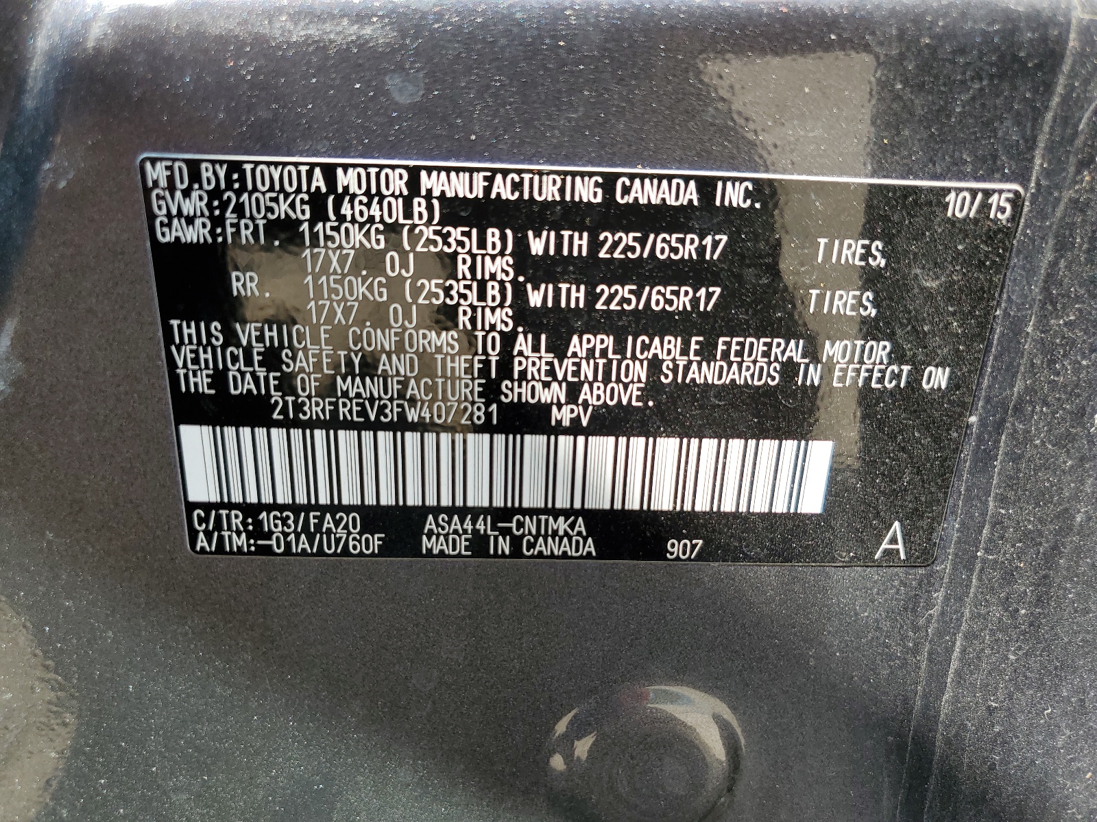 2T3RFREV3FW407281 2015 Toyota Rav4 Xle