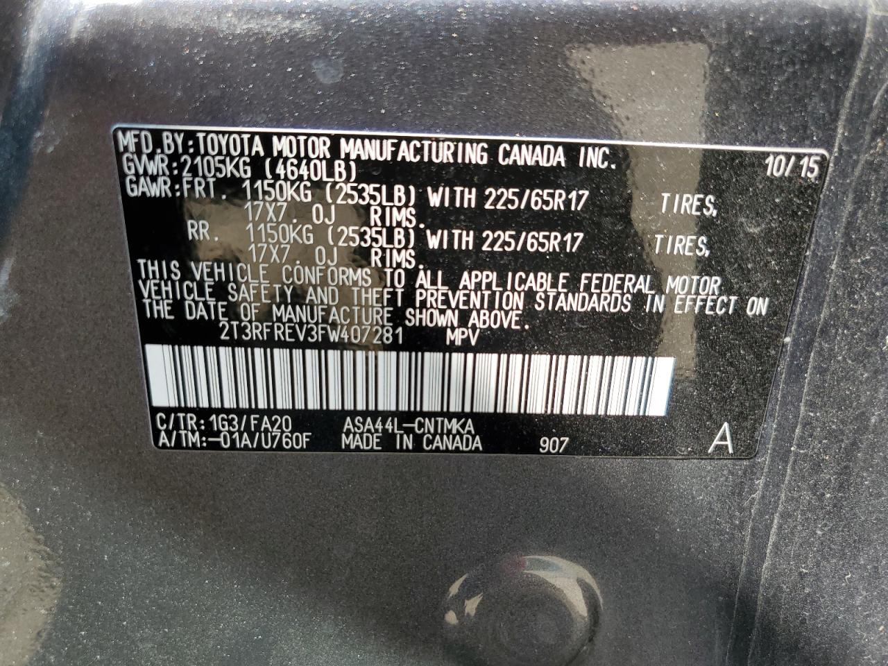 2015 Toyota Rav4 Xle VIN: 2T3RFREV3FW407281 Lot: 62933304