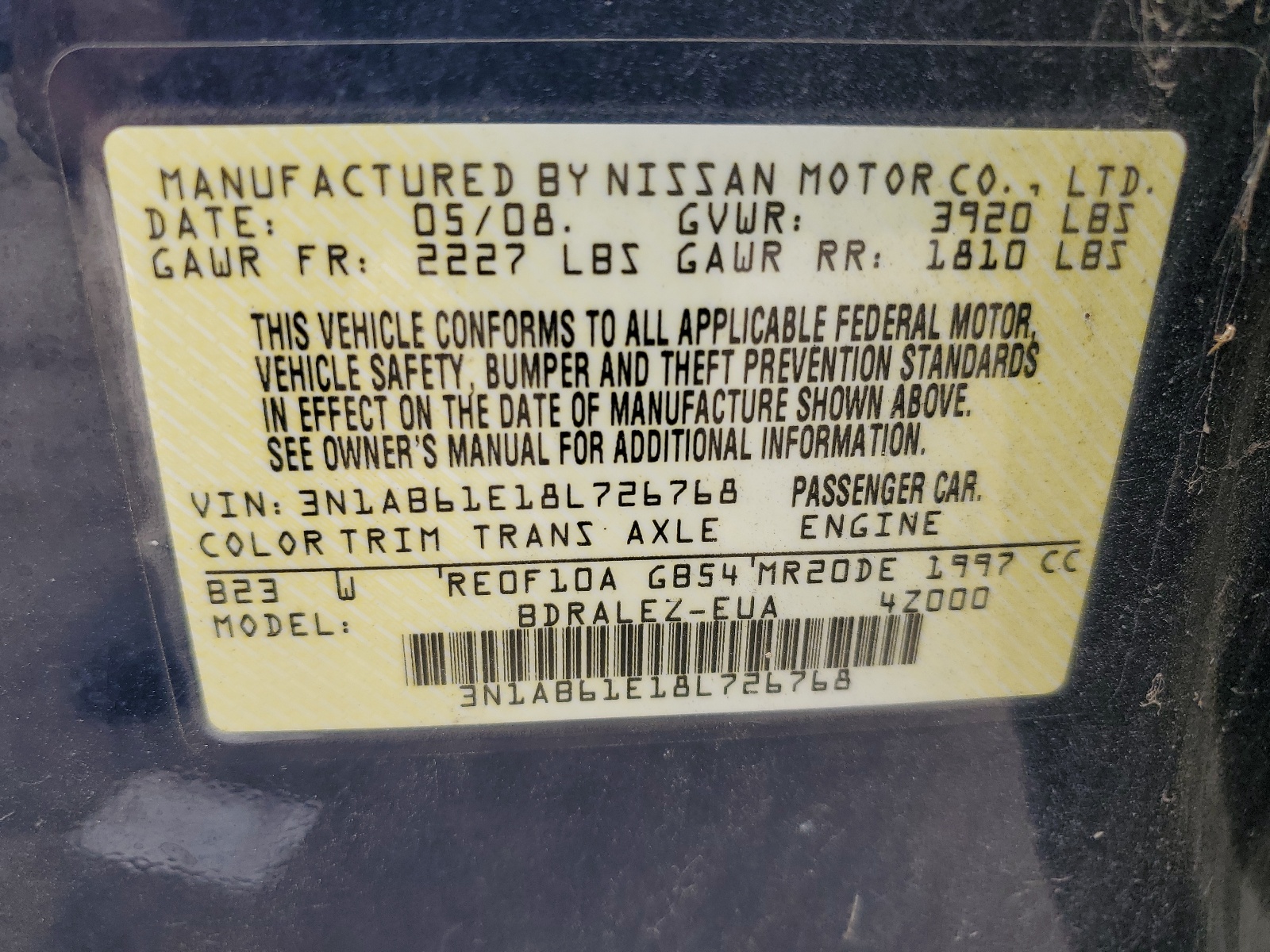 3N1AB61E18L726768 2008 Nissan Sentra 2.0