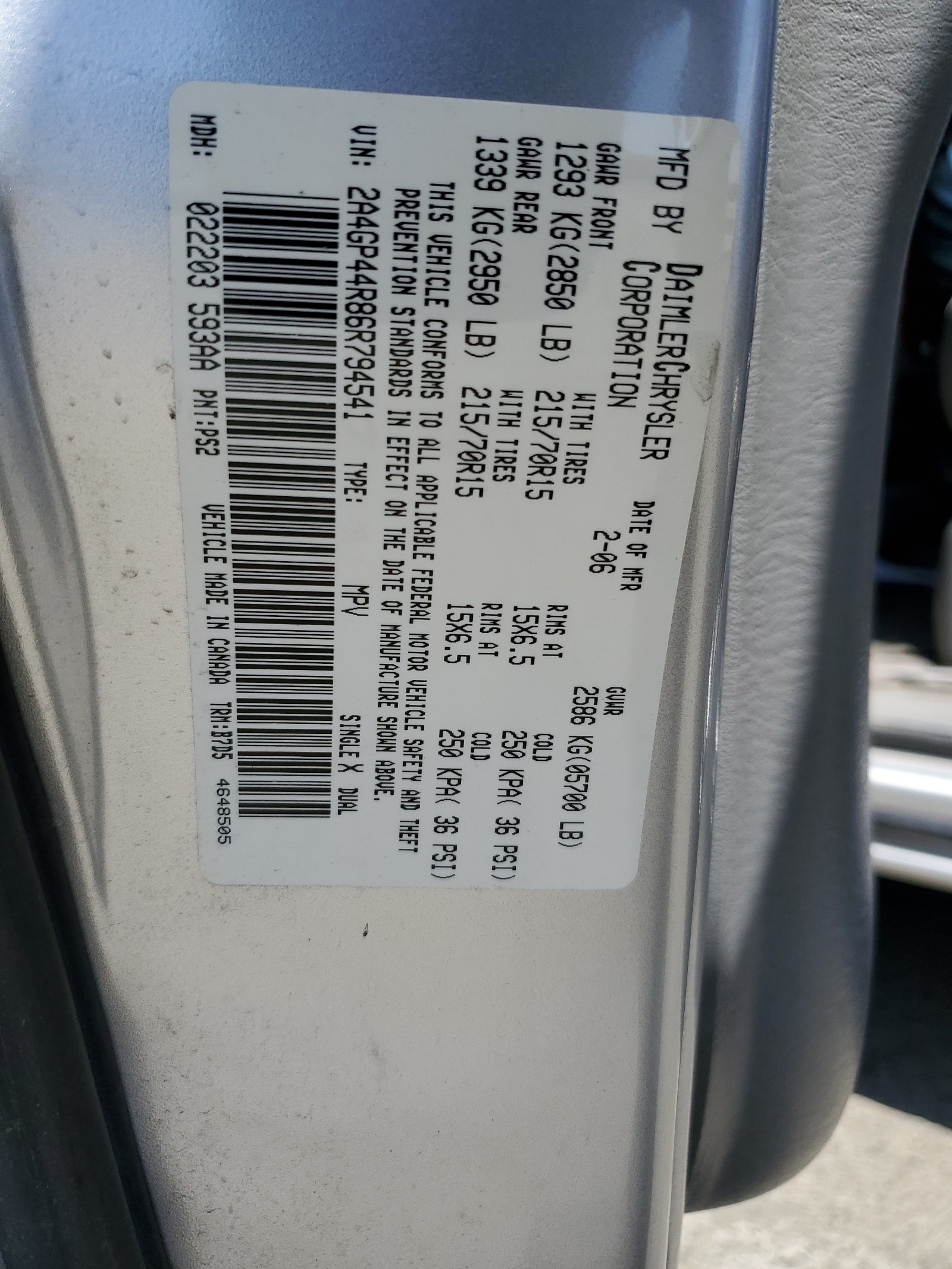 2A4GP44R86R794541 2006 Chrysler Town & Country Lx