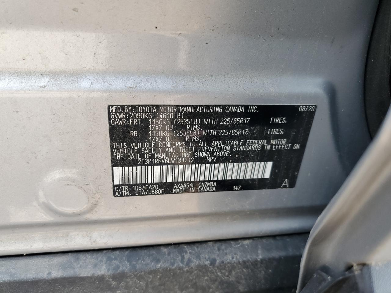 2020 Toyota Rav4 Xle VIN: 2T3P1RFV6LW131212 Lot: 64049884