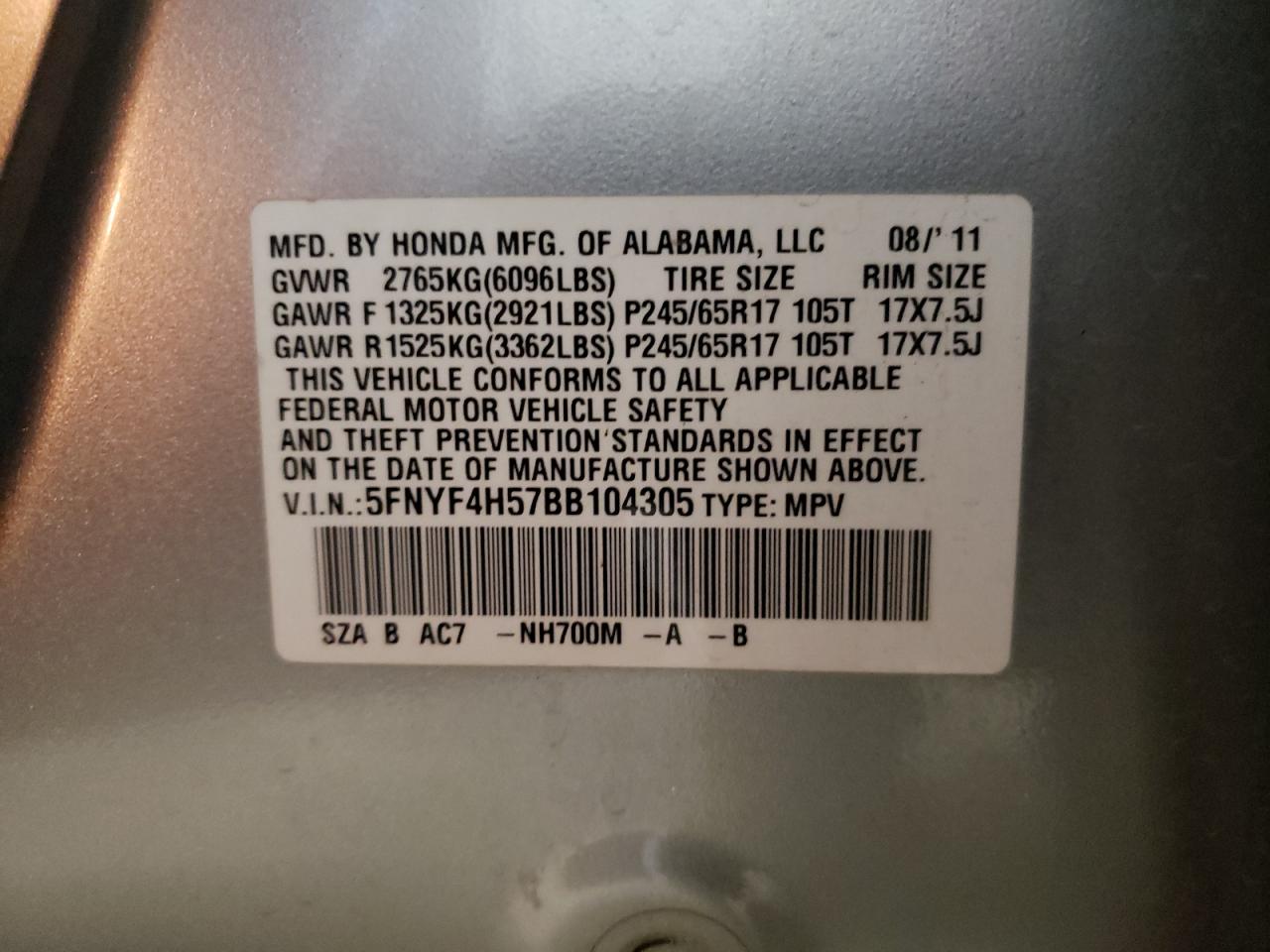 2011 Honda Pilot Exl VIN: 5FNYF4H57BB104305 Lot: 64453334