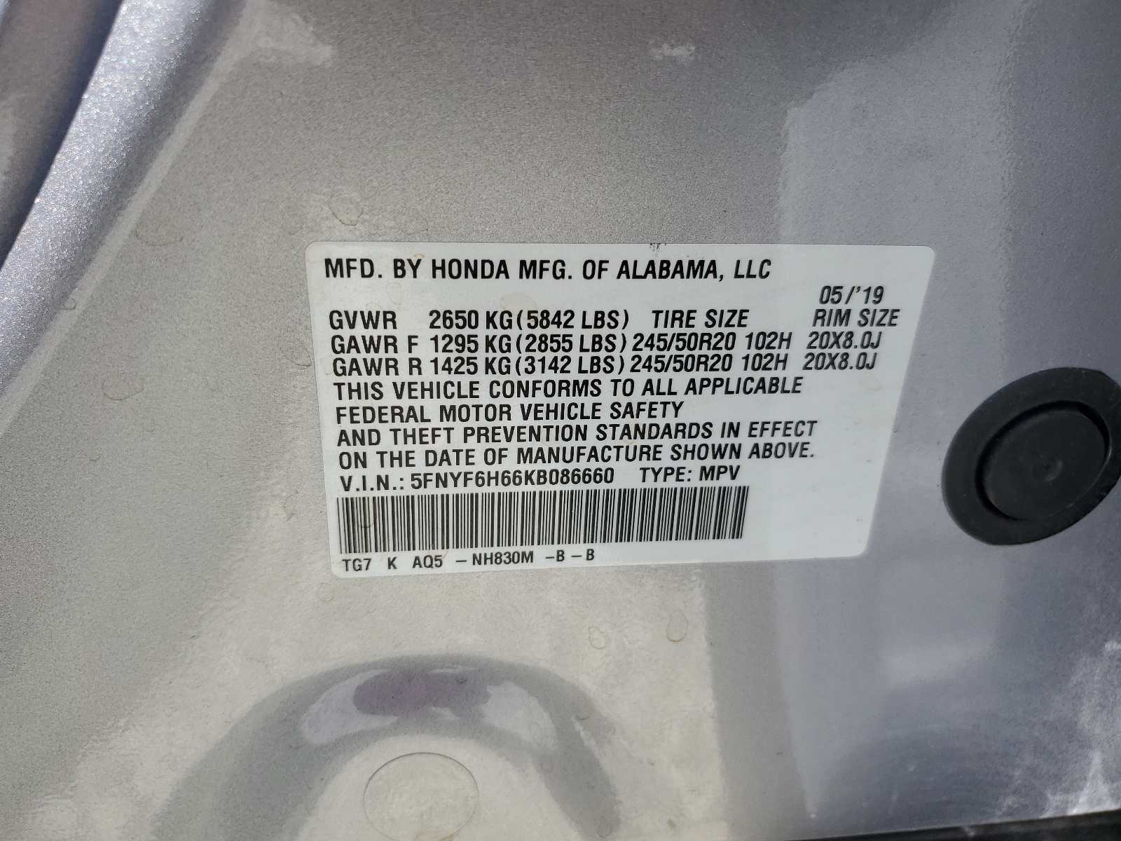 5FNYF6H66KB086660 2019 Honda Pilot Touring