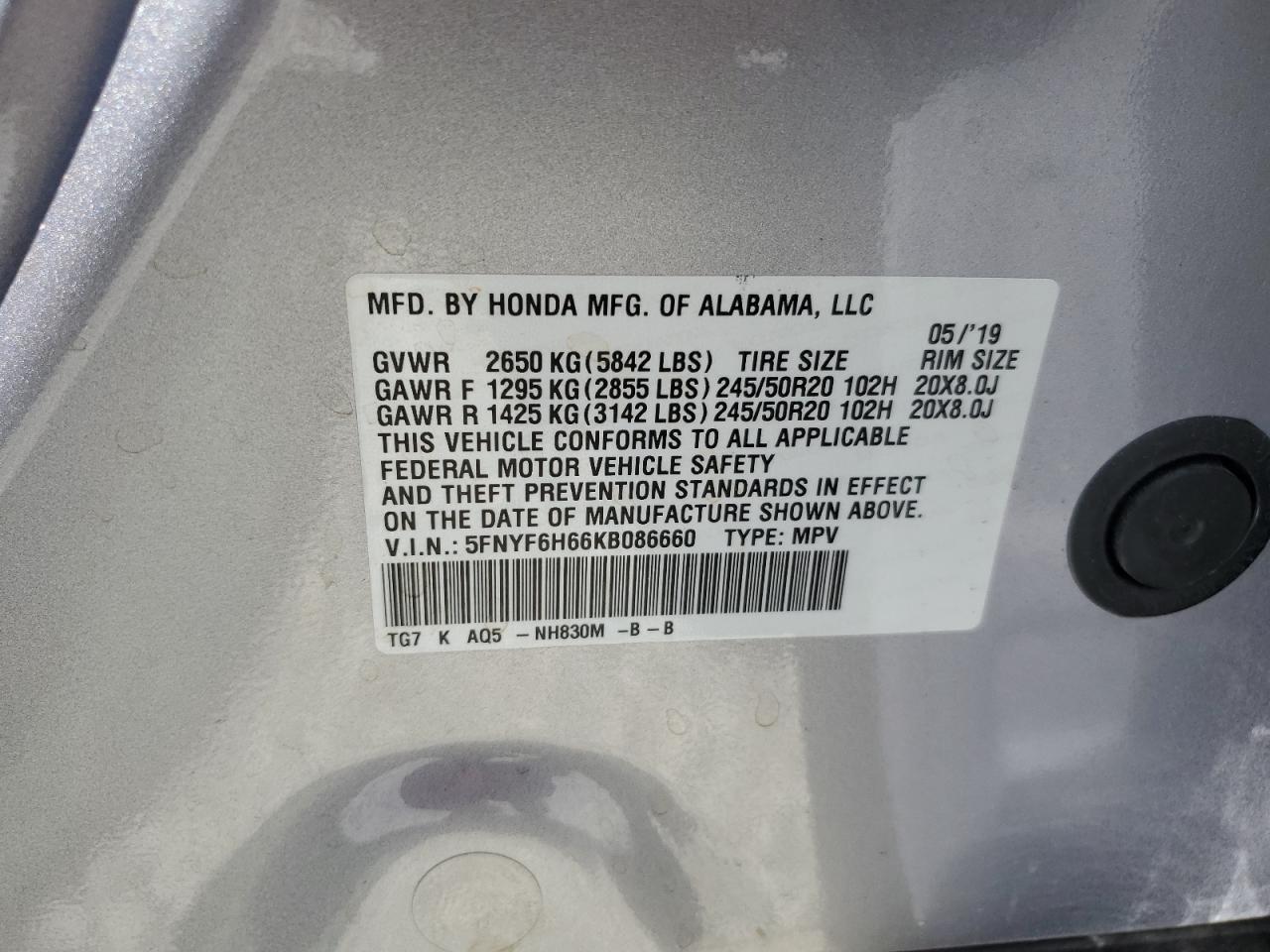 2019 Honda Pilot Touring VIN: 5FNYF6H66KB086660 Lot: 61906004