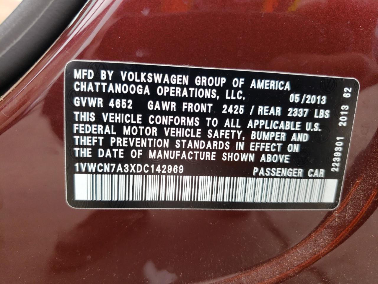 2013 Volkswagen Passat Sel VIN: 1VWCN7A3XDC142969 Lot: 64064724