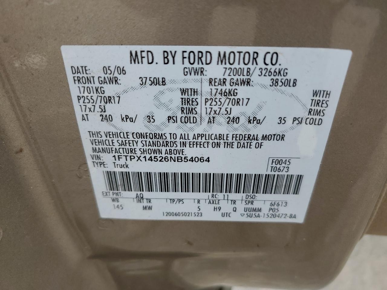 2006 Ford F150 VIN: 1FTPX14526NB54064 Lot: 62874634