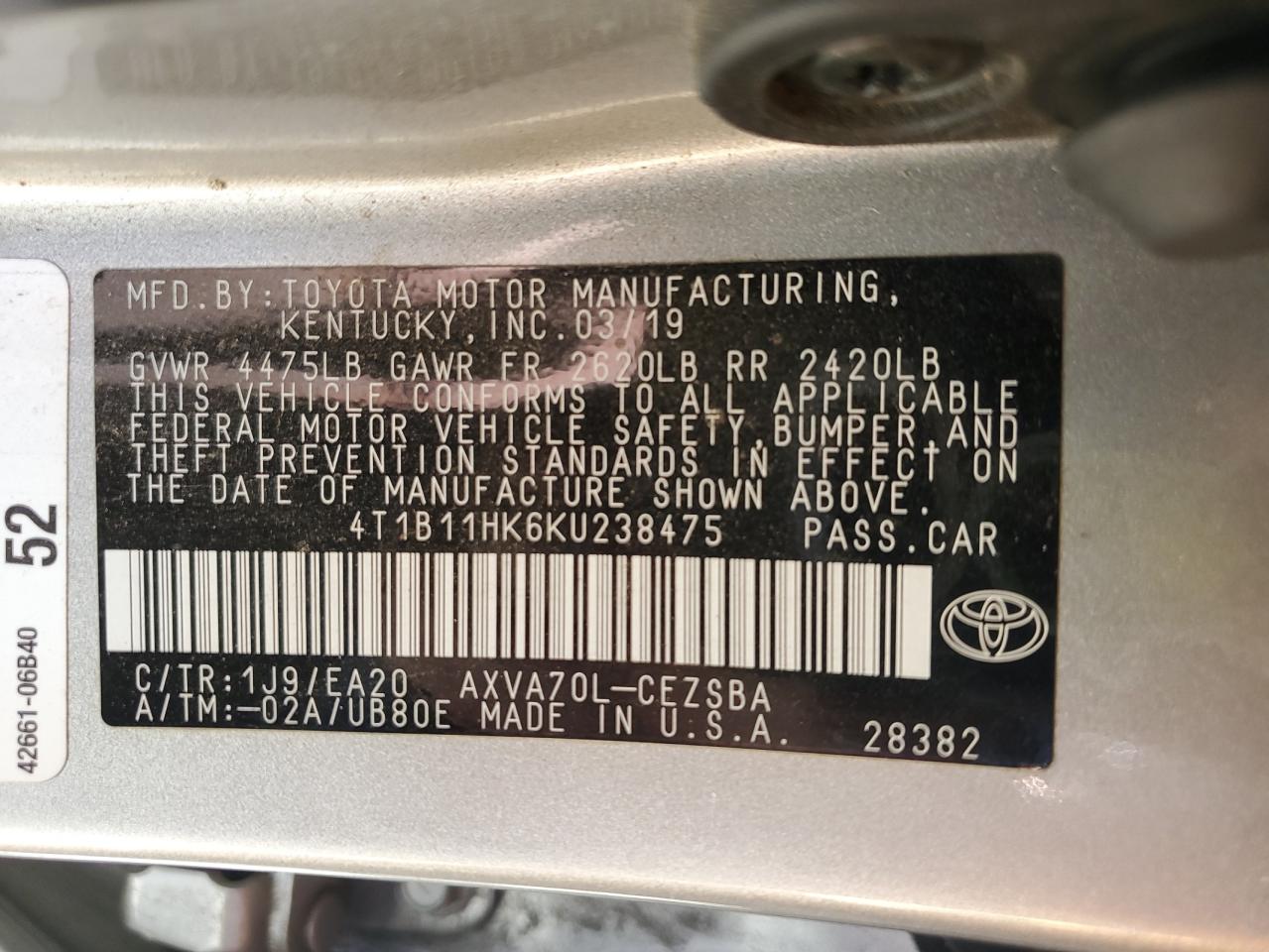 4T1B11HK6KU238475 2019 Toyota Camry L