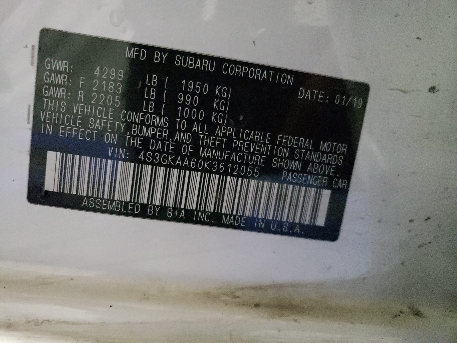 4S3GKAA60K3612055 2019 Subaru Impreza