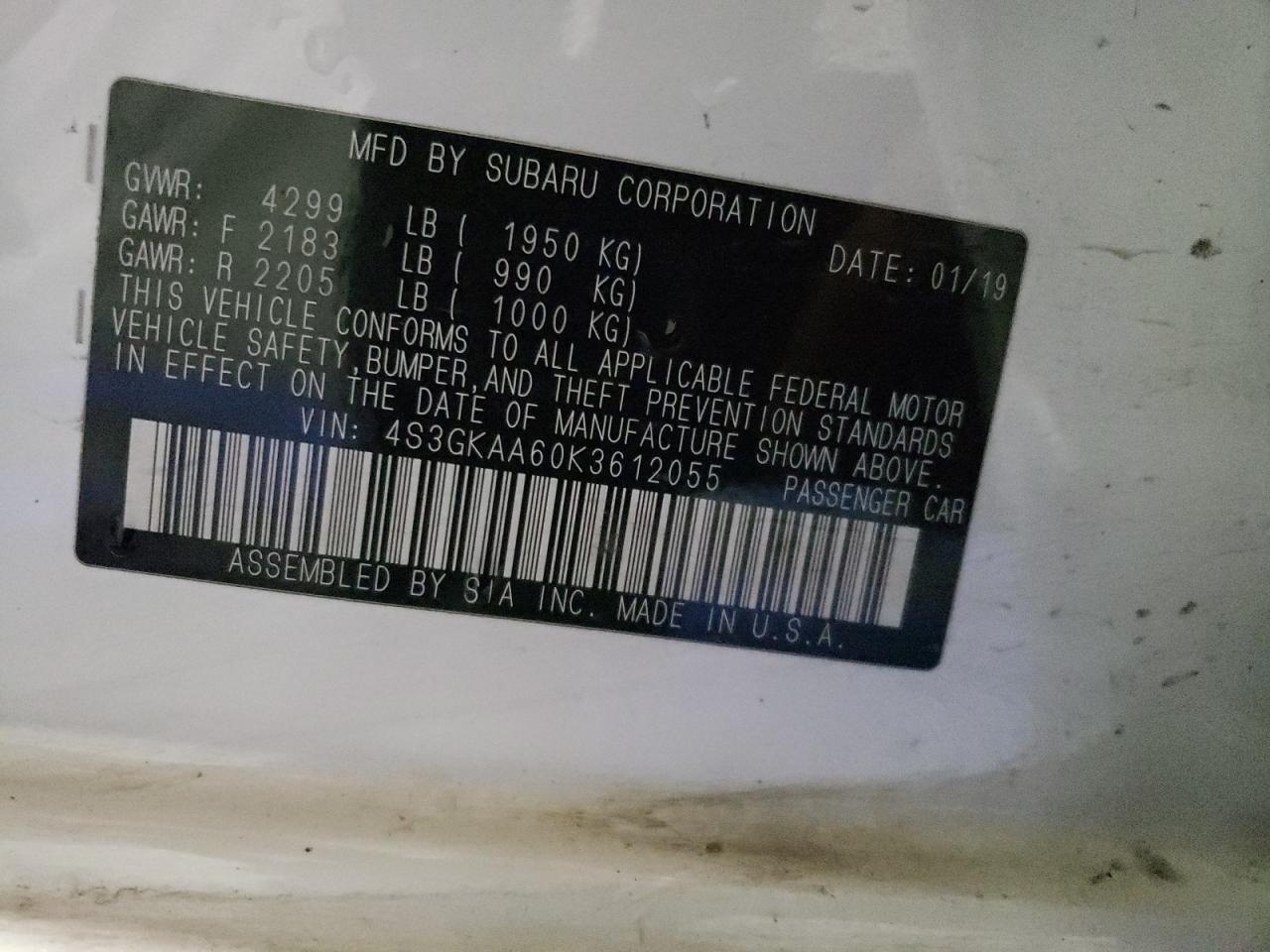 2019 Subaru Impreza VIN: 4S3GKAA60K3612055 Lot: 62358704