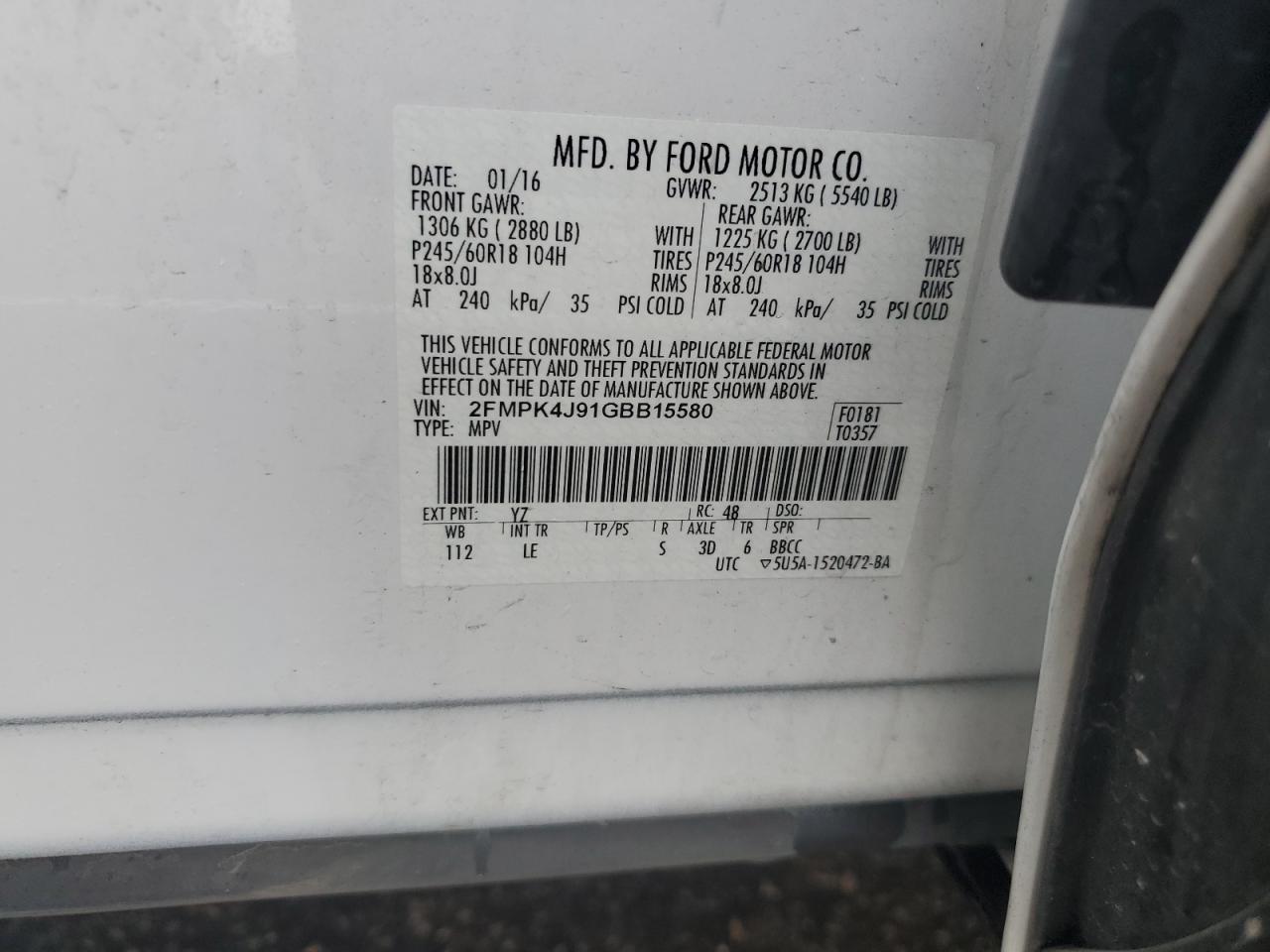 2016 Ford Edge Sel VIN: 2FMPK4J91GBB15580 Lot: 62404274