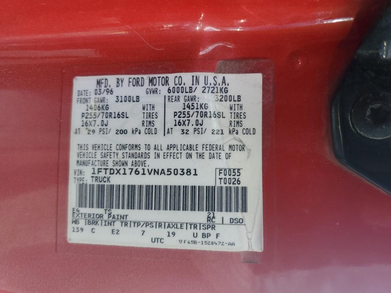 1997 Ford F150 VIN: 1FTDX1761VNA50381 Lot: 62640794