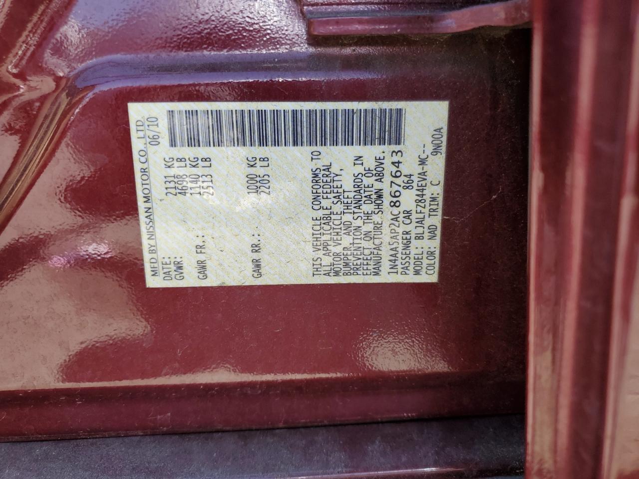 1N4AA5AP2AC867643 2010 Nissan Maxima S