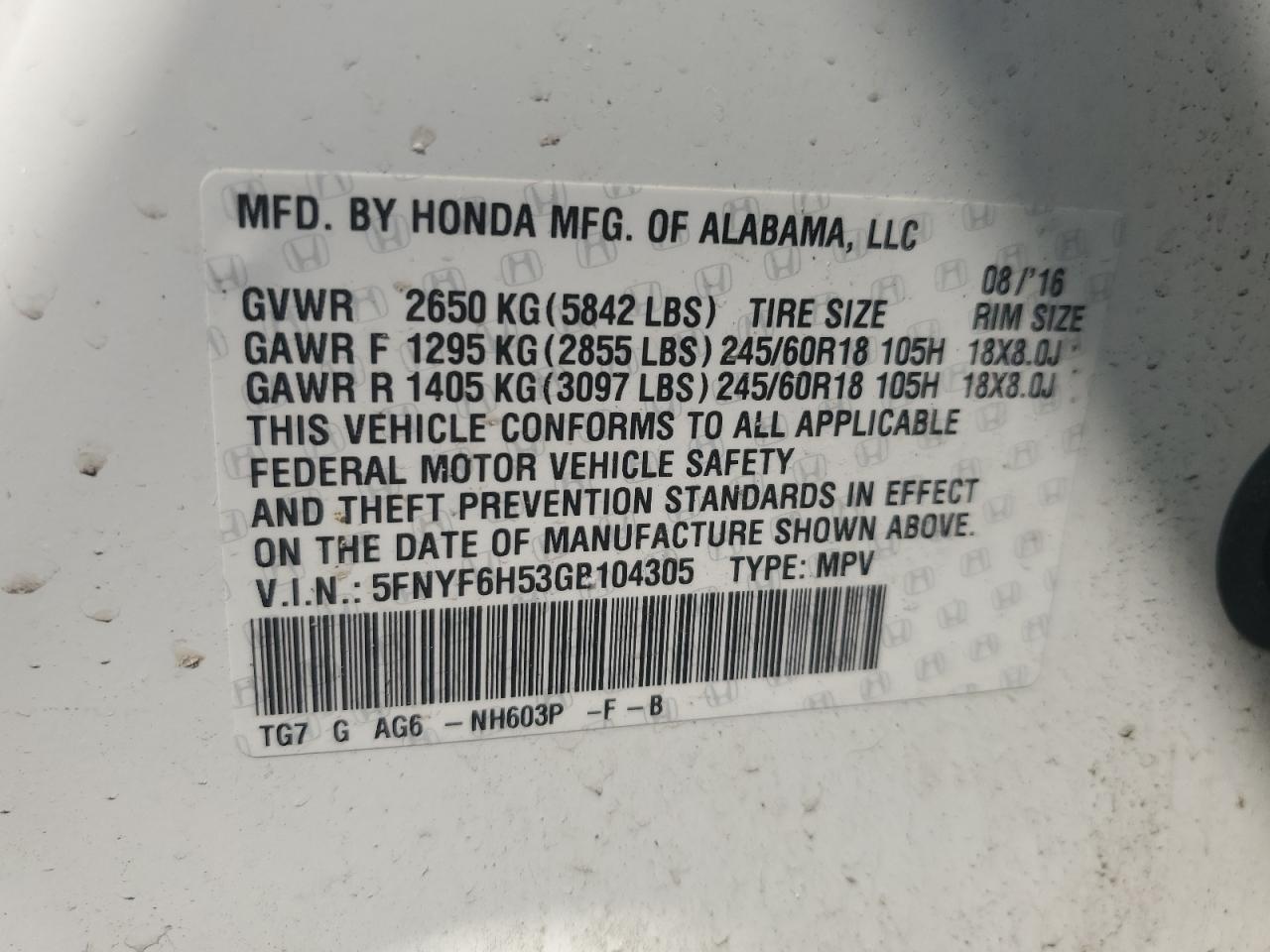 2016 Honda Pilot Exl VIN: 5FNYF6H53GB104305 Lot: 63010614