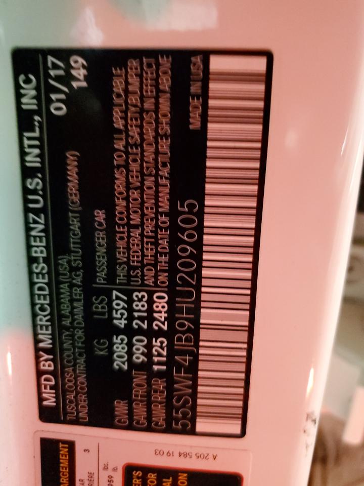 2017 Mercedes-Benz C 300 VIN: 55SWF4JB9HU209605 Lot: 64320234