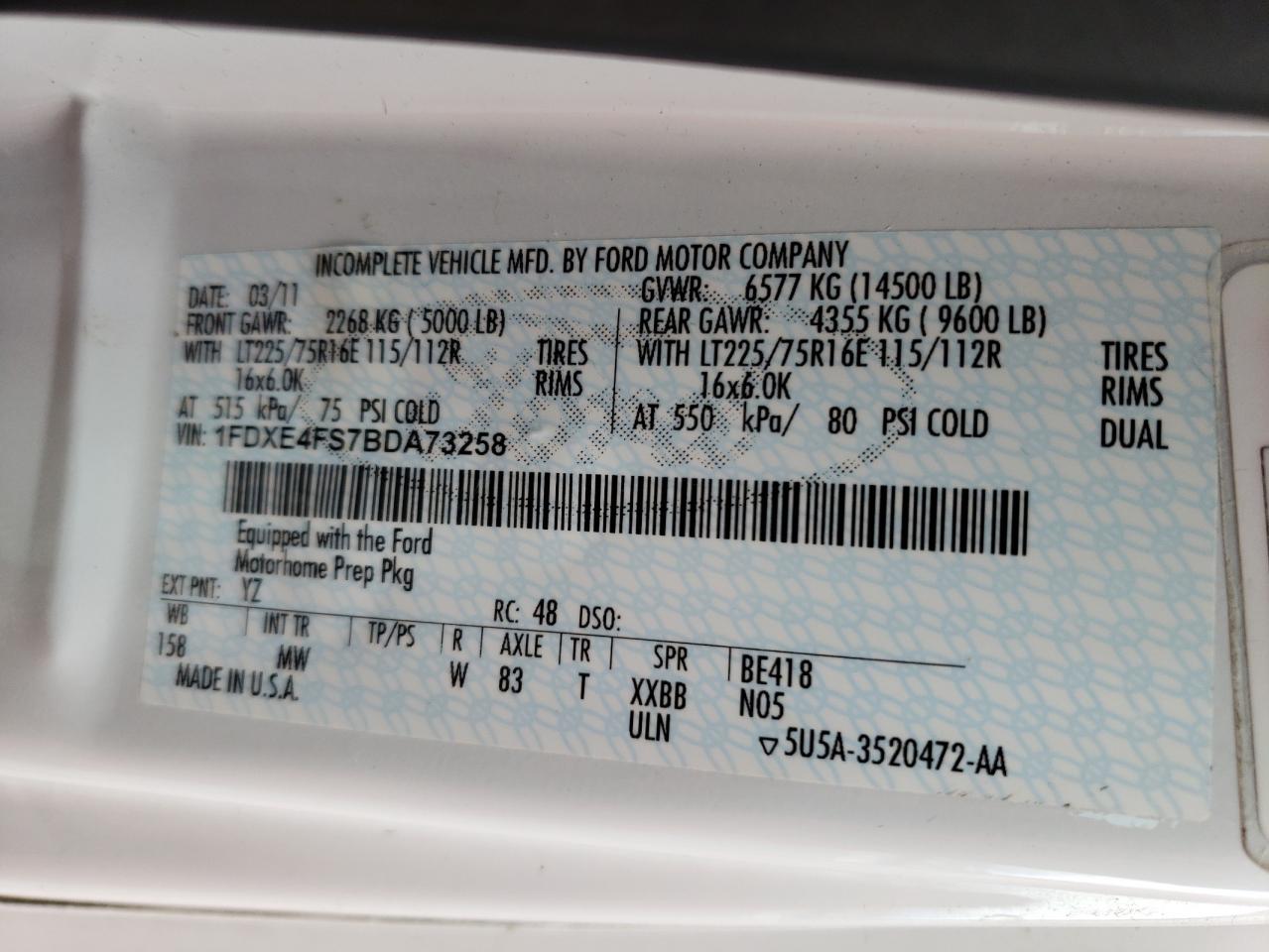 2011 Ford Econoline E450 Super Duty Cutaway Van VIN: 1FDXE4FS7BDA73258 Lot: 63141084