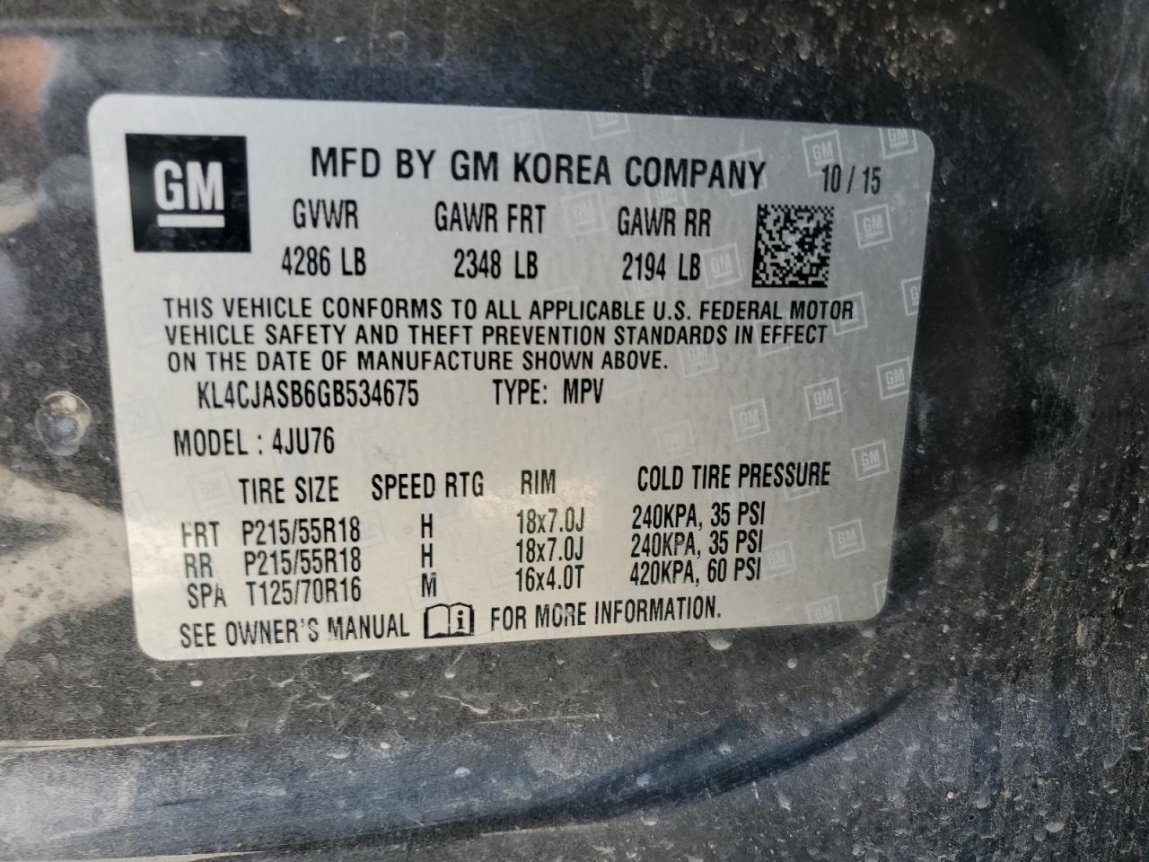 2016 Buick Encore VIN: KL4CJASB6GB534675 Lot: 64489944