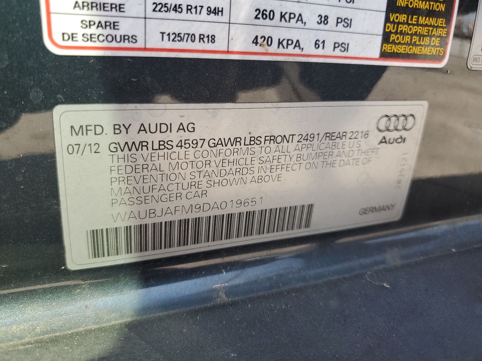 WAUBJAFM9DA019651 2013 Audi A3 Premium