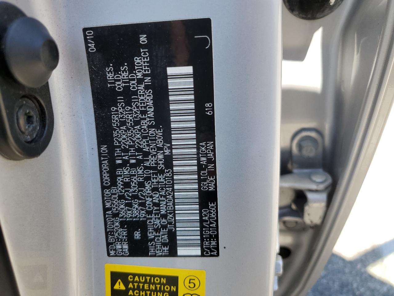 2010 Lexus Rx 350 VIN: JTJZK1BA0A2410183 Lot: 65661024