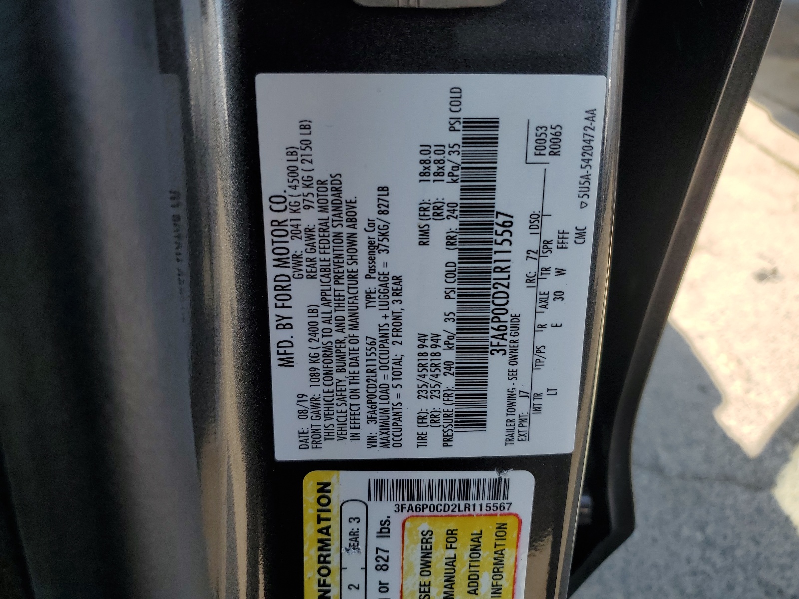 3FA6P0CD2LR115567 2020 Ford Fusion Sel