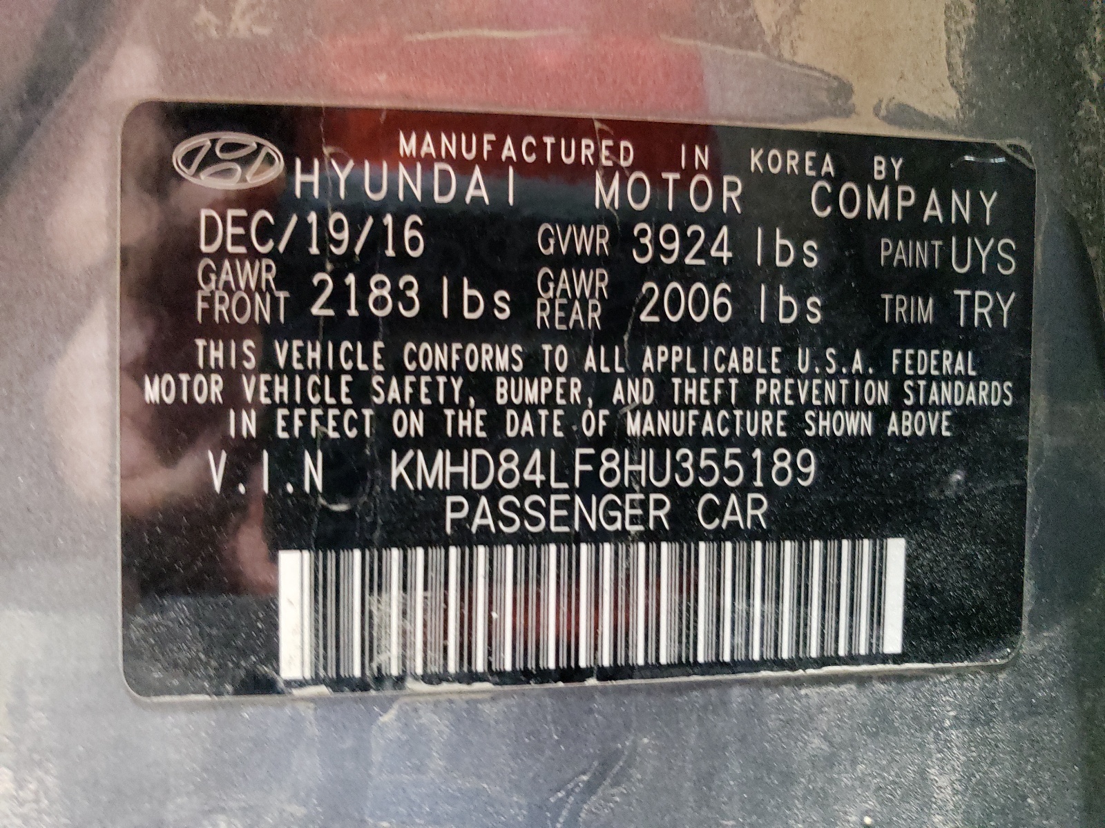 KMHD84LF8HU355189 2017 Hyundai Elantra Se