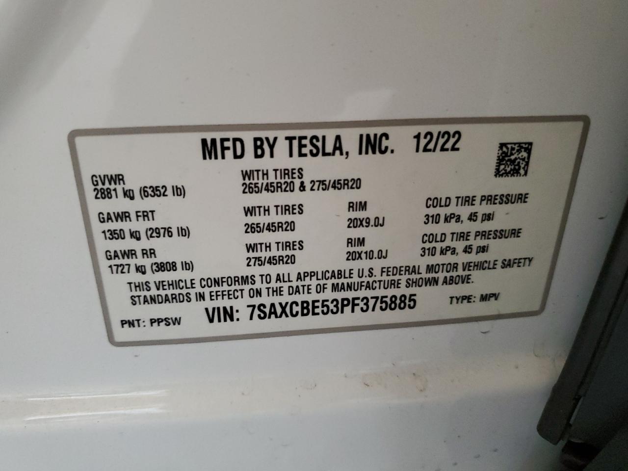 2023 Tesla Model X VIN: 7SAXCBE53PF375885 Lot: 63707624