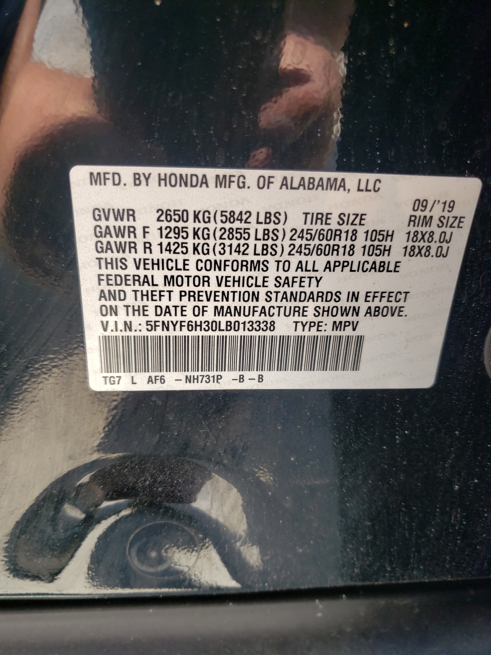 5FNYF6H30LB013338 2020 Honda Pilot Ex