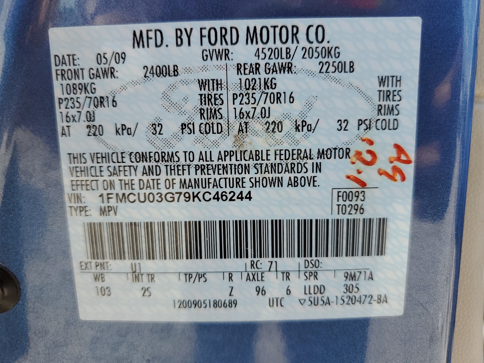 1FMCU03G79KC46244 2009 Ford Escape Xlt