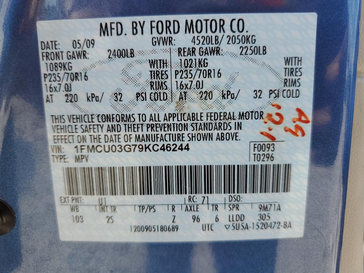 2009 Ford Escape Xlt VIN: 1FMCU03G79KC46244 Lot: 64226284