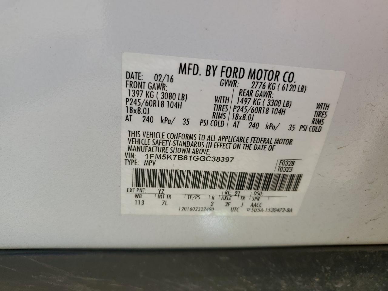 2016 Ford Explorer VIN: 1FM5K7B81GGC38397 Lot: 60886924