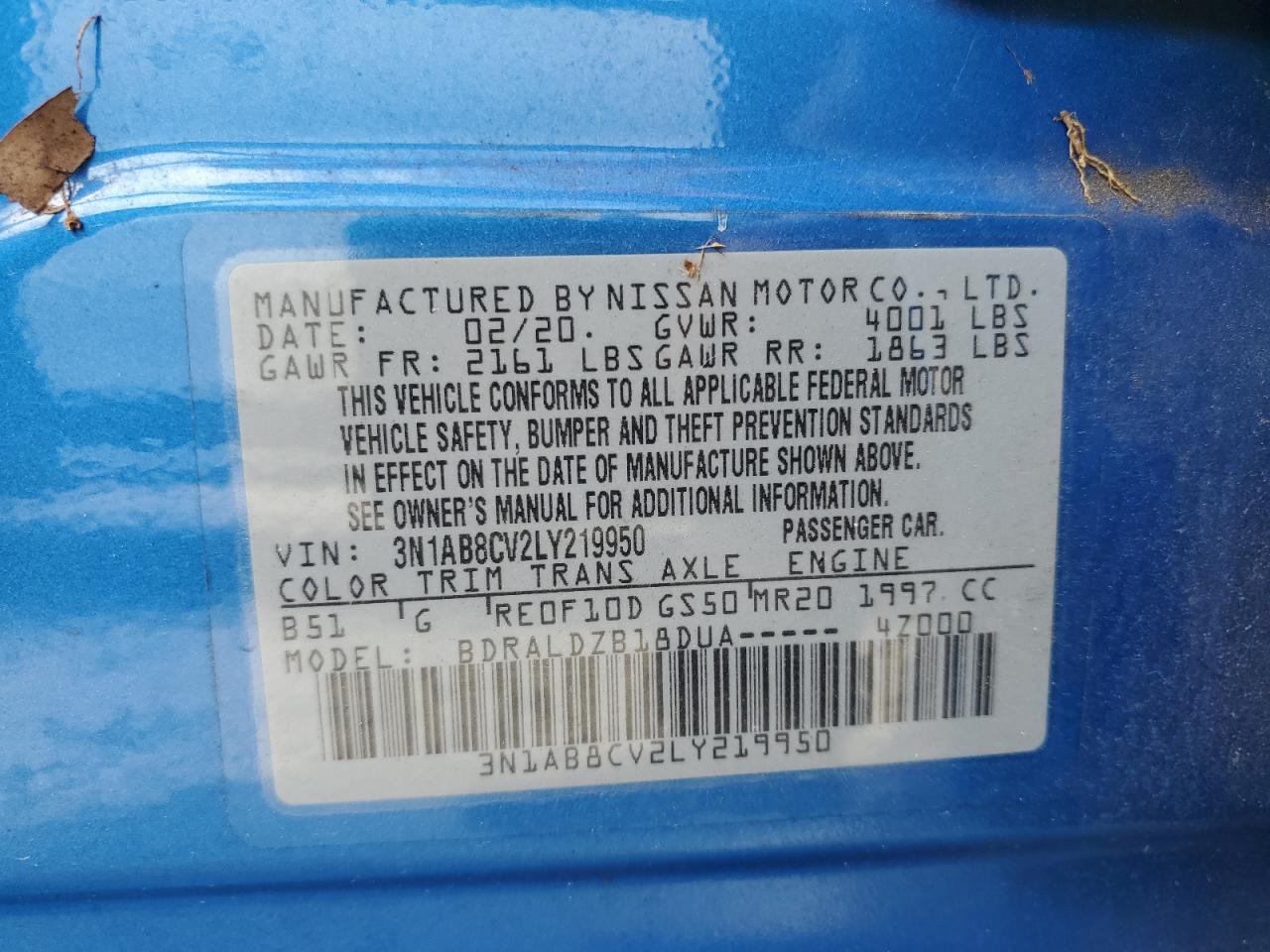 2020 Nissan Sentra Sv VIN: 3N1AB8CV2LY219950 Lot: 63308094