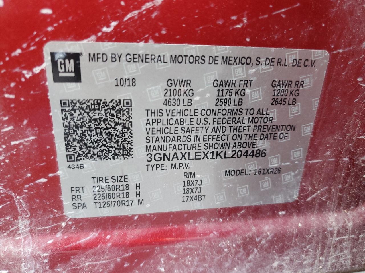 2019 Chevrolet Equinox Lt VIN: 3GNAXLEX1KL204486 Lot: 63527084