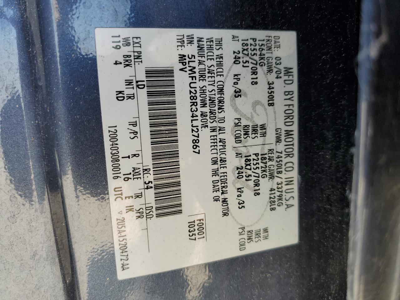 2004 Lincoln Navigator VIN: 5LMFU28R34LJ27867 Lot: 63533654