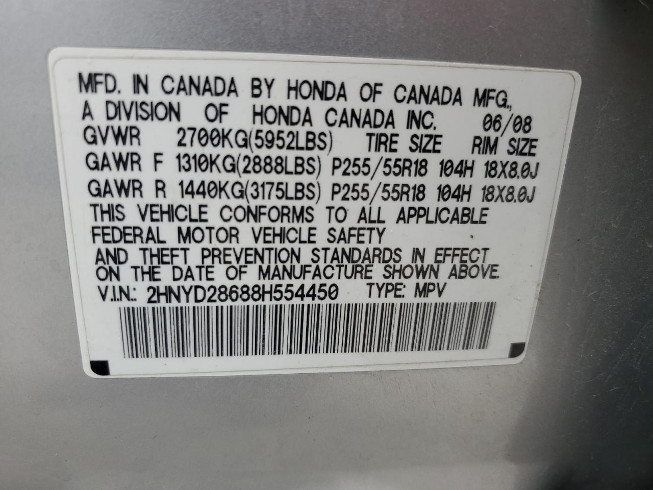 2008 Acura Mdx Technology VIN: 2HNYD28688H554450 Lot: 62435504