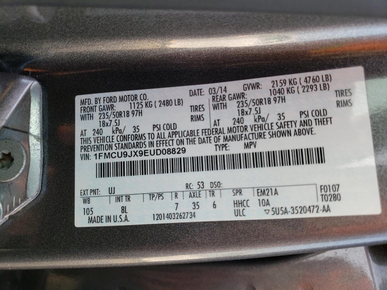 2014 Ford Escape Titanium VIN: 1FMCU9JX9EUD08829 Lot: 64183474