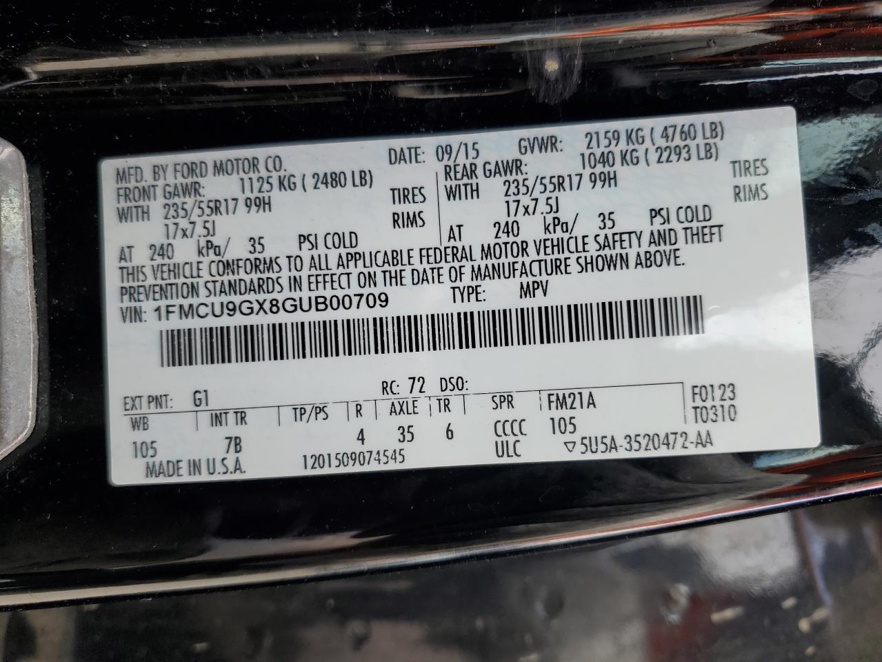 2016 Ford Escape Se VIN: 1FMCU9GX8GUB00709 Lot: 61637924