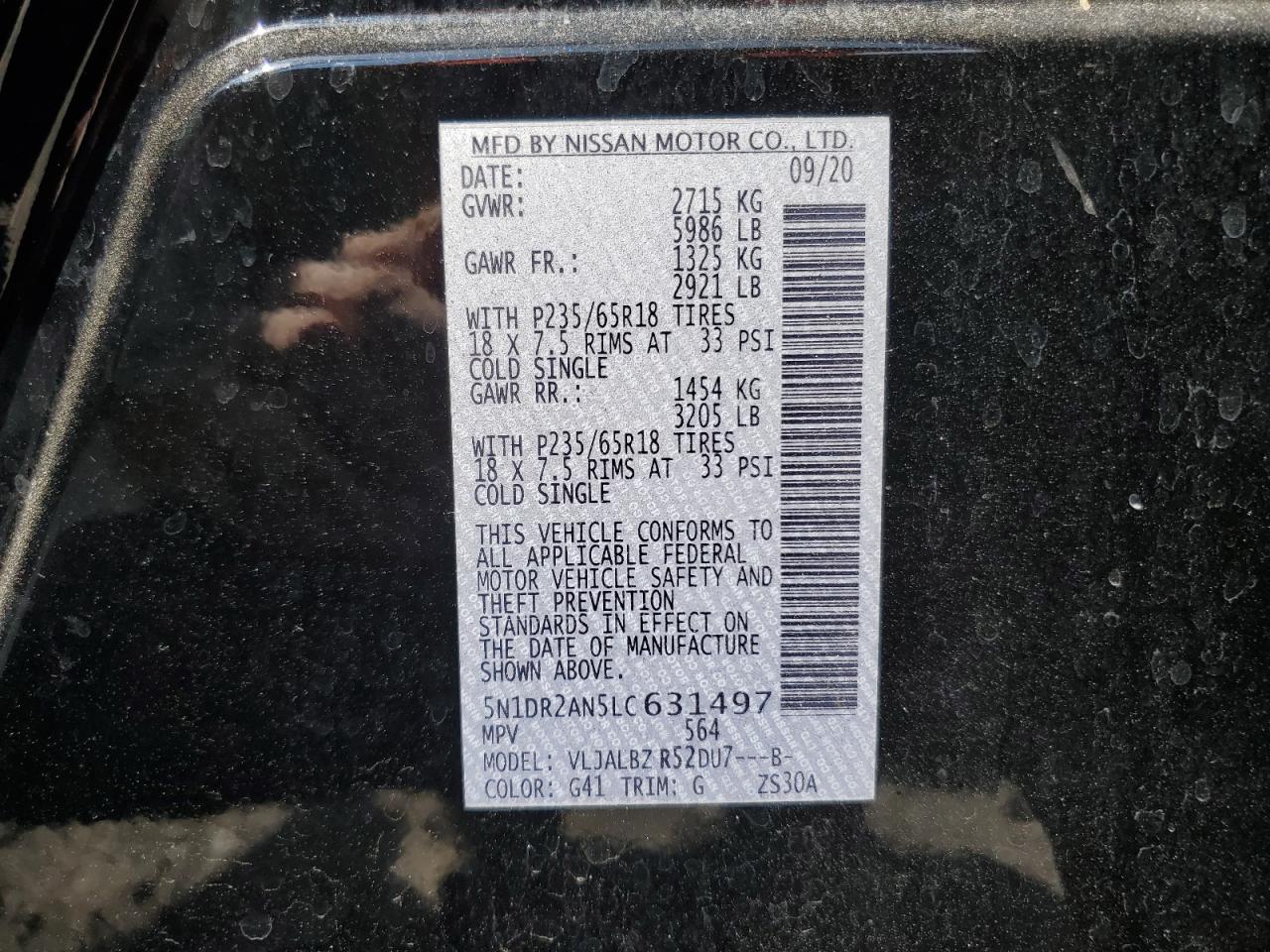 2020 Nissan Pathfinder S VIN: 5N1DR2AN5LC631497 Lot: 62184164