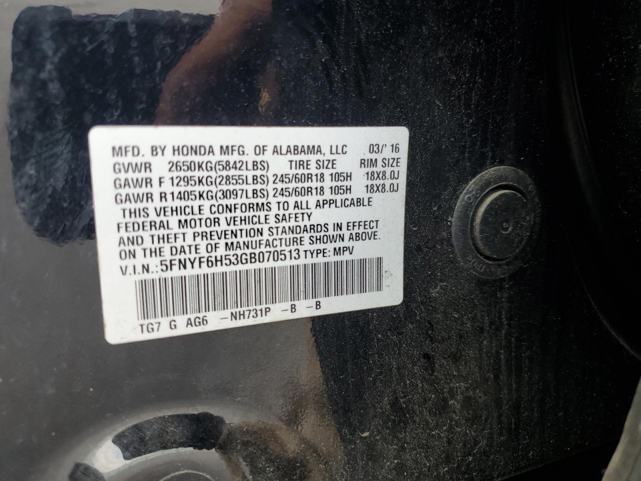 2016 Honda Pilot Exl VIN: 5FNYF6H53GB070513 Lot: 61817584