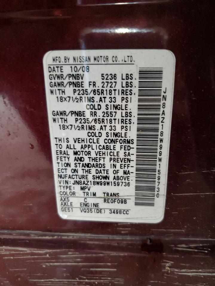2009 Nissan Murano S VIN: JN8AZ18W99W159736 Lot: 61209144