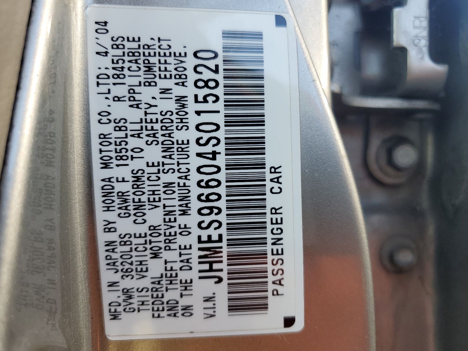 JHMES96604S015820 2004 Honda Civic Hybrid