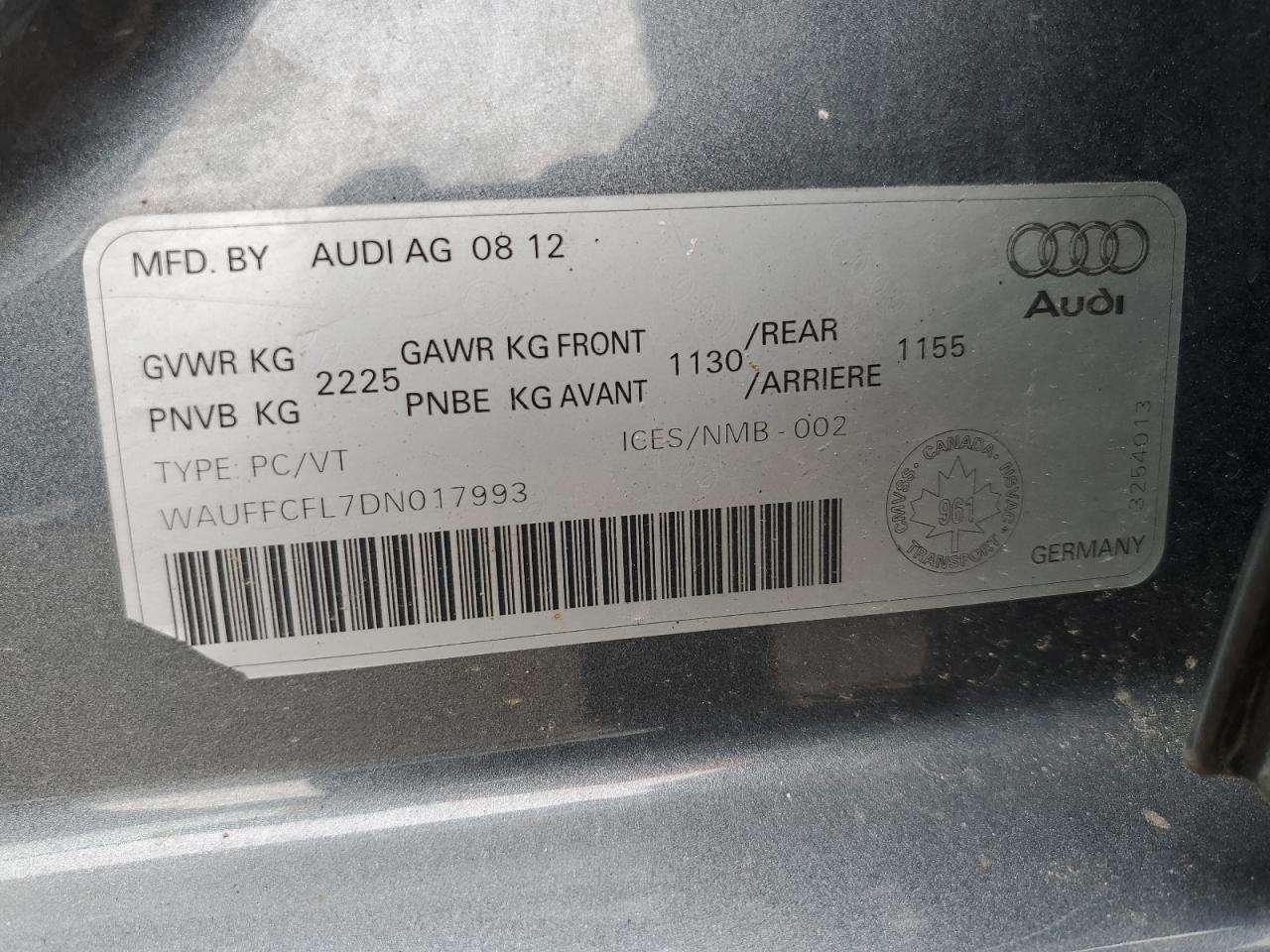 2013 Audi A4 Premium Plus VIN: WAUFFCFL7DN017993 Lot: 62794924