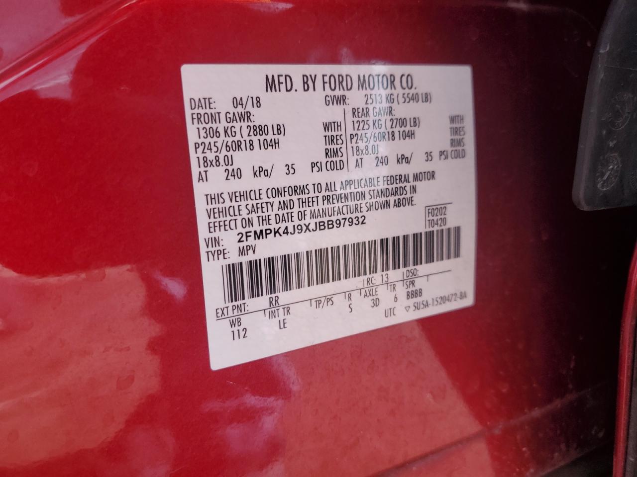 2018 Ford Edge Sel VIN: 2FMPK4J9XJBB97932 Lot: 65495064