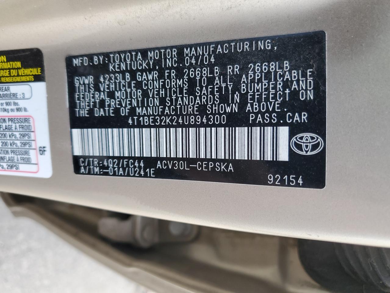 2004 Toyota Camry Le VIN: 4T1BE32K24U894300 Lot: 61651384