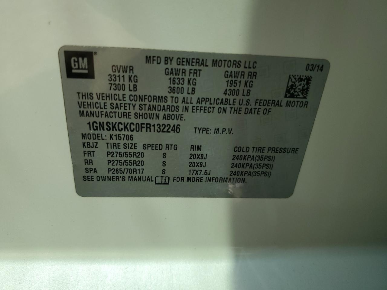 2015 Chevrolet Tahoe VIN: 1GNSKCKT0FR132246 Lot: 64840144