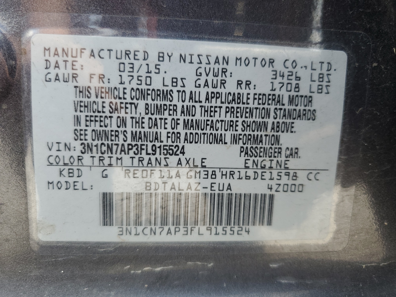 3N1CN7AP3FL915524 2015 Nissan Versa S