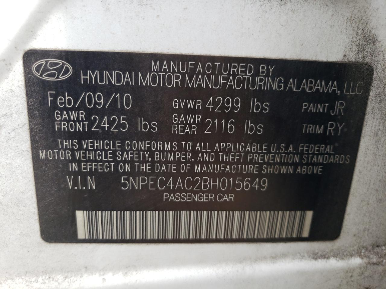 2011 Hyundai Sonata Se VIN: 5NPEC4AC2BH015649 Lot: 61429094