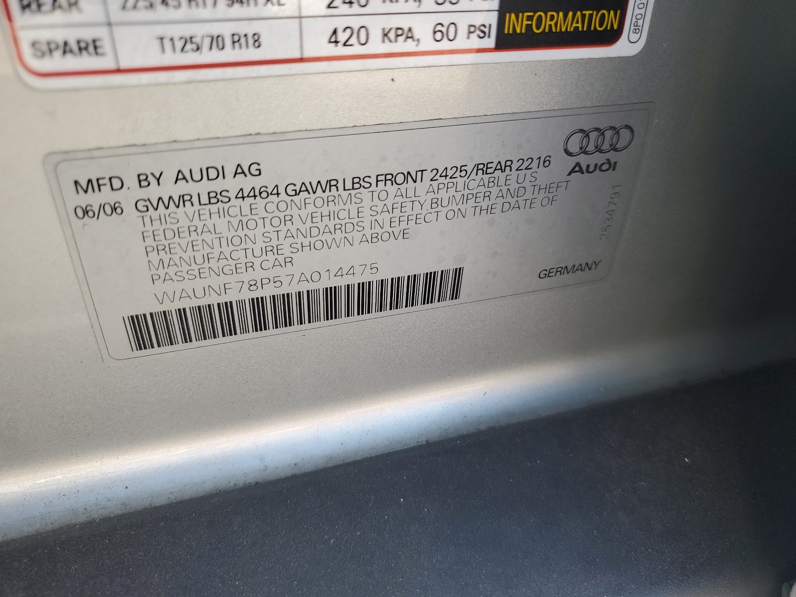 WAUNF78P57A014475 2007 Audi A3 2.0 Premium